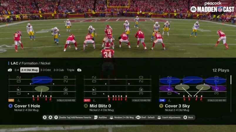Peacock is offering a Madden NFL alt cast of Saturday's game between the Kansas City Chiefs and Houston Texans