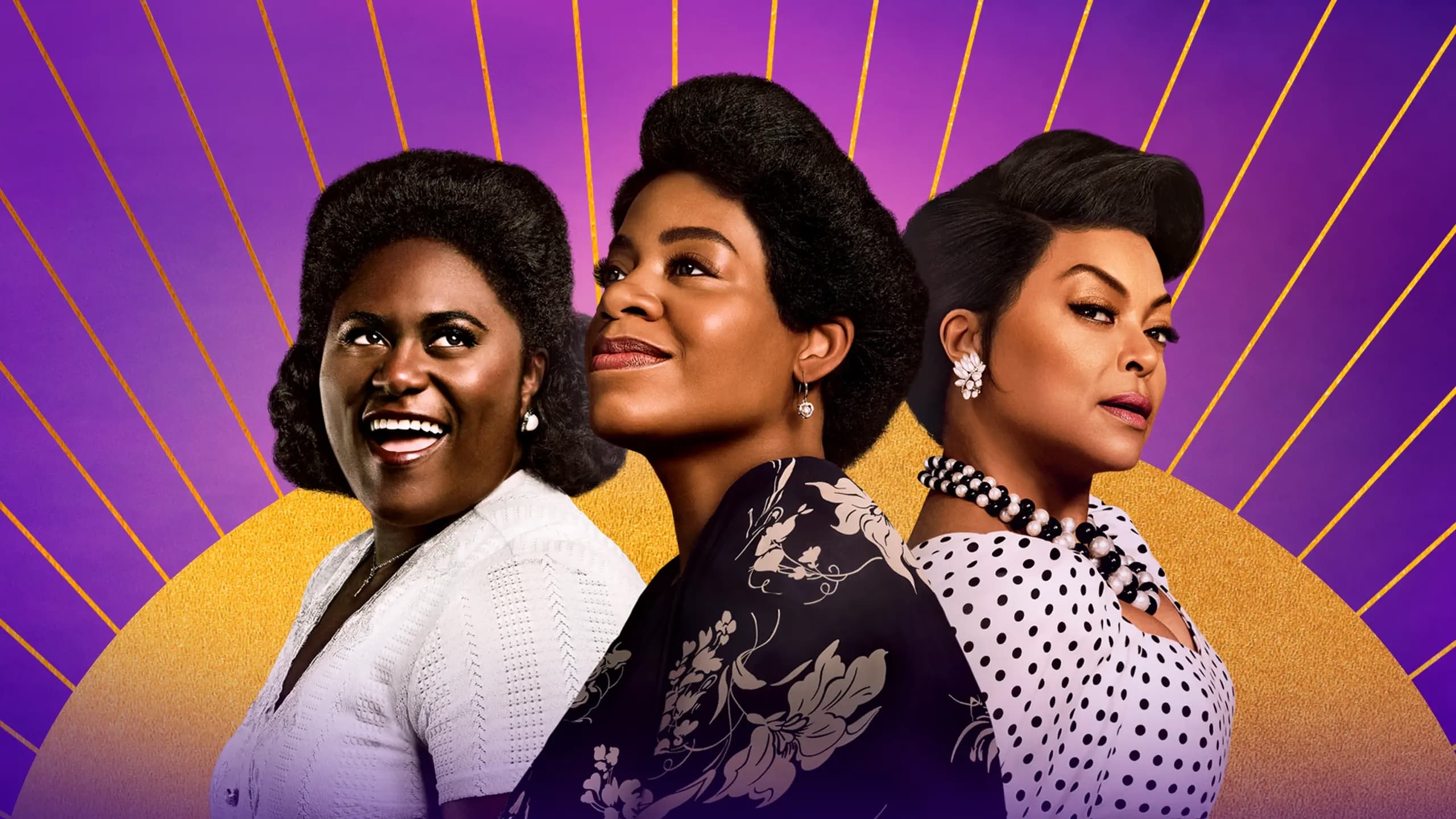 A graphic featuring a trio of women (Danielle Brooks, Fantasia Barrino, and Taraji P. Henson) front-center in front of a purple backdrop with a yellow sunburst