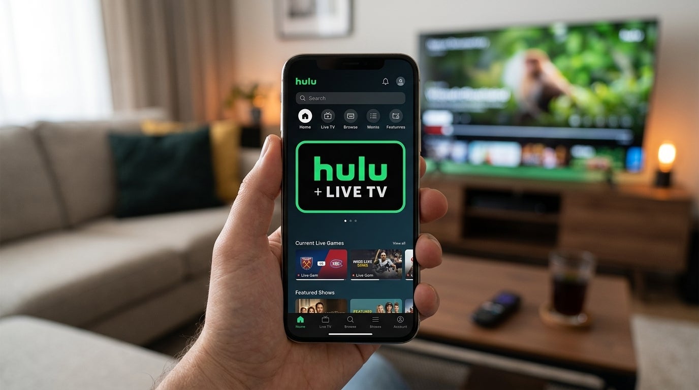 The Hulu + Live TV logo on a phone in someone's hand.