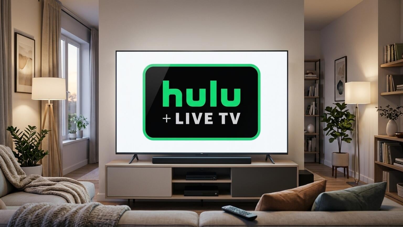 Hulu + Live TV on a TV screen in a living room, and details about its ad plans.