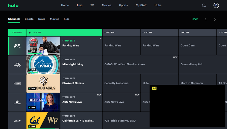 Hulu + Live TV features a familiar electronic guide to help viewers find their favorite channels.