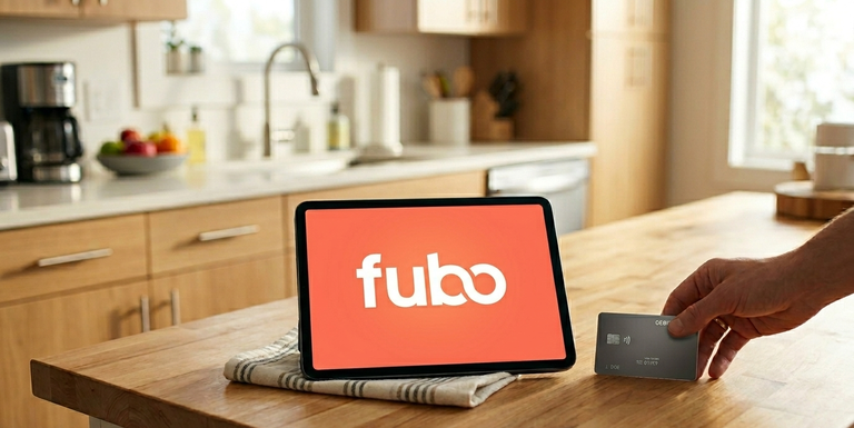 The Fubo logo on a device in a kitchen with a debit card