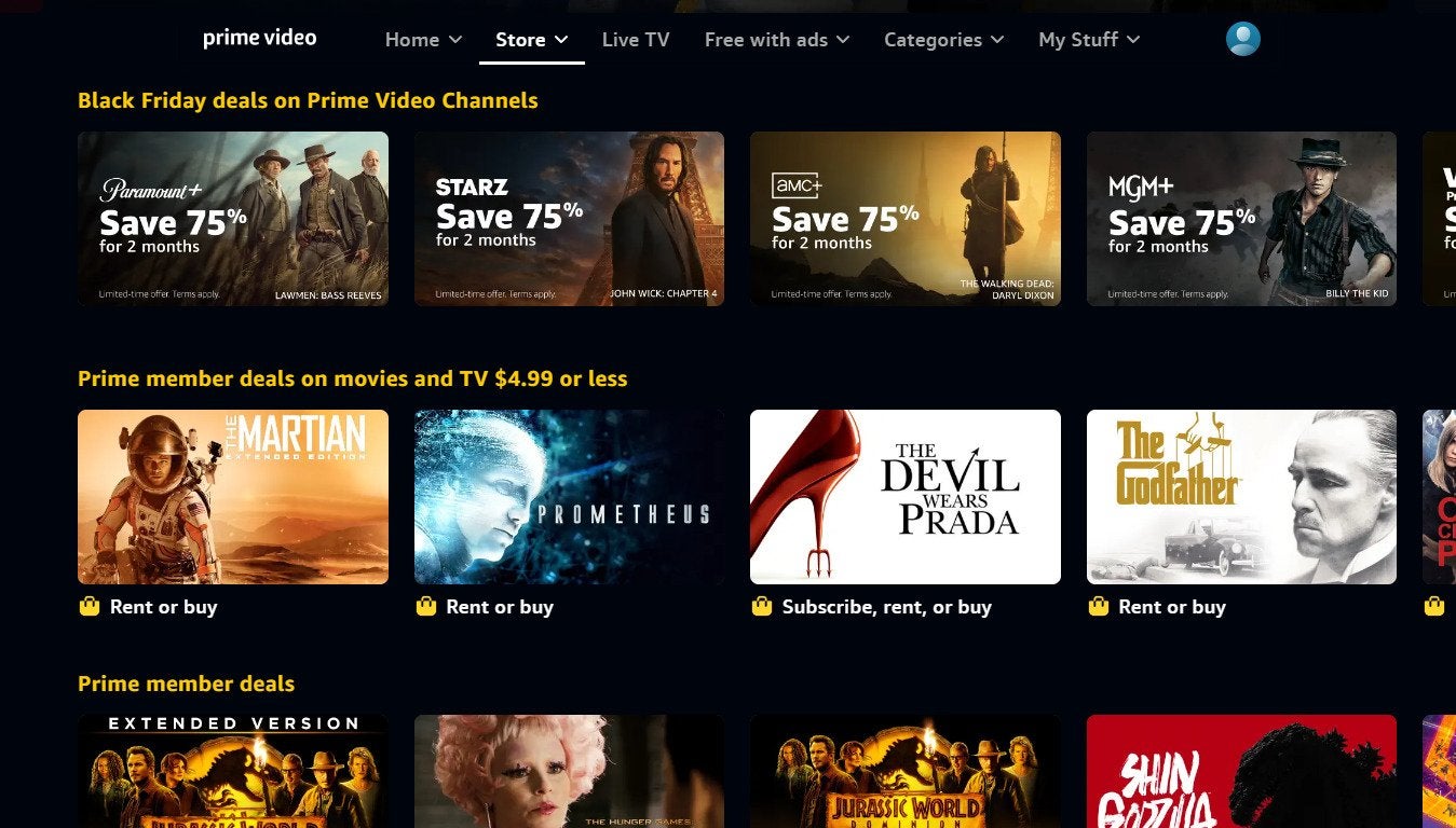 A screenshot of Prime Video Channels with Black Friday deals for 75% off select streaming services.