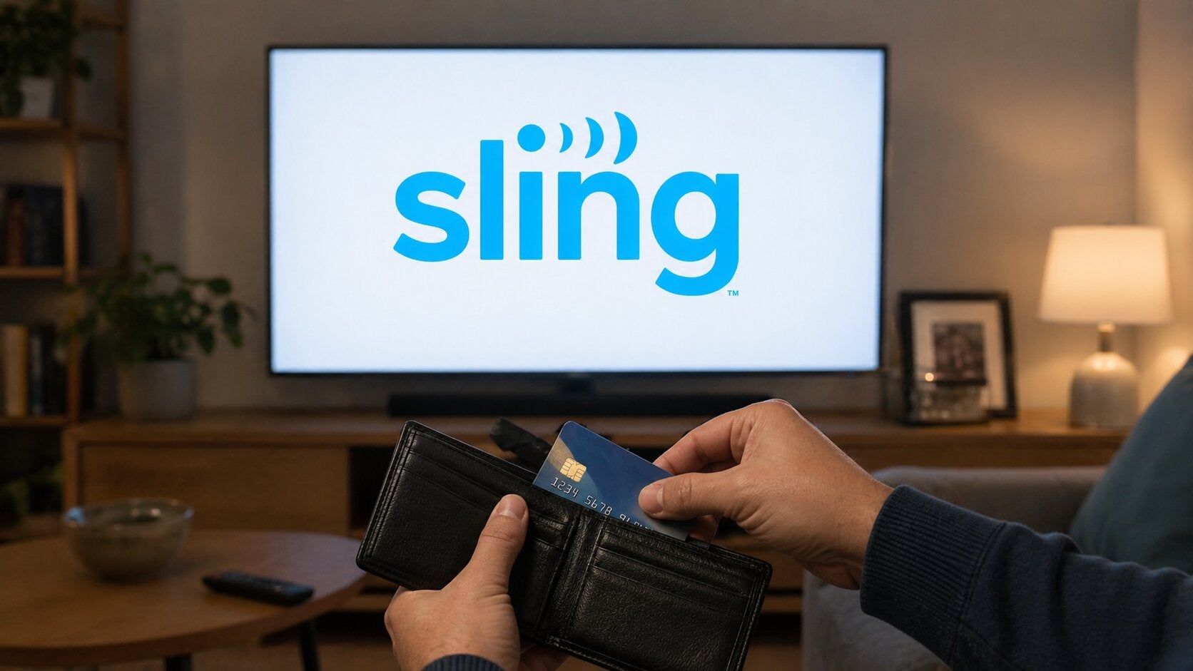 Sling TV on a TV screen with a prospective customer in the foregorund.
