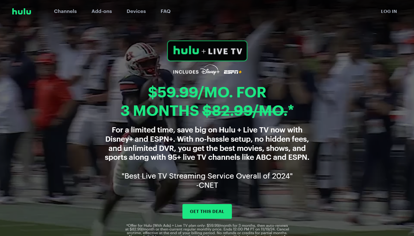 Sign up for Hulu + Live TV for just $60 per month for three months with this deal.