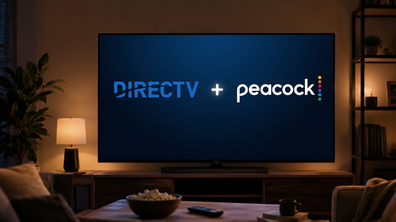 Logos for DIRECTV and Peacock on a TV screen for a limited-time promotion