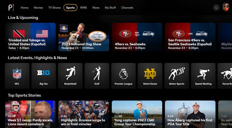 A screenshot of Peacock's Sports page.