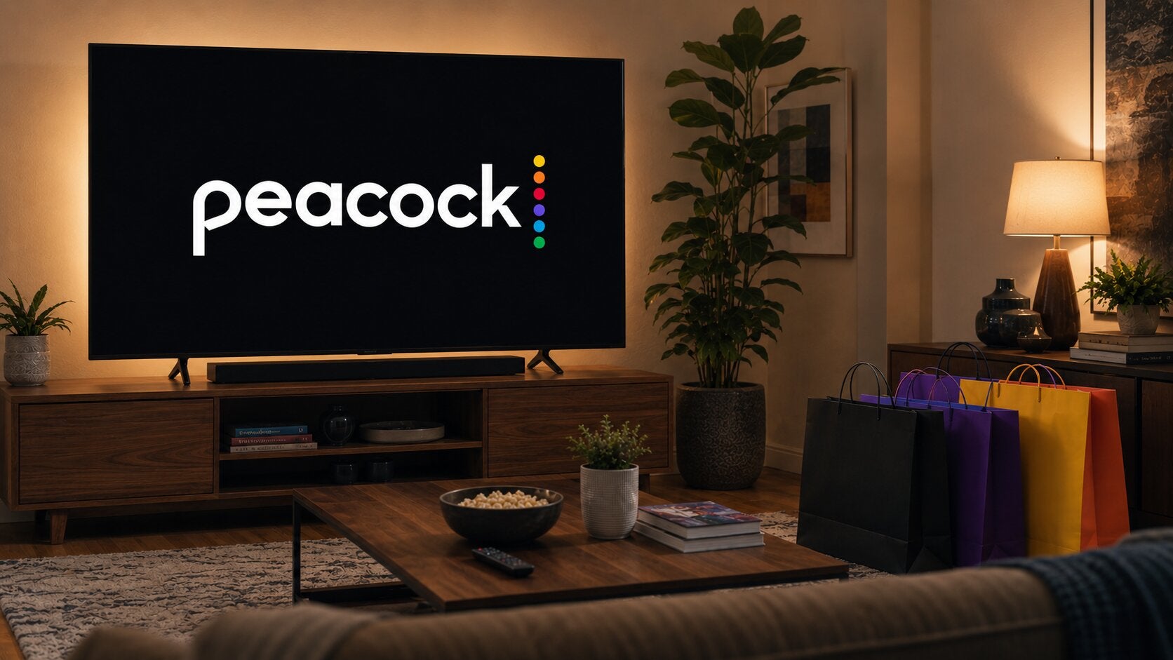 The Peacock logo on a TV, and shopping bags in the living room, an allusion to Bravo's new shoppable series Shop What Happens.
