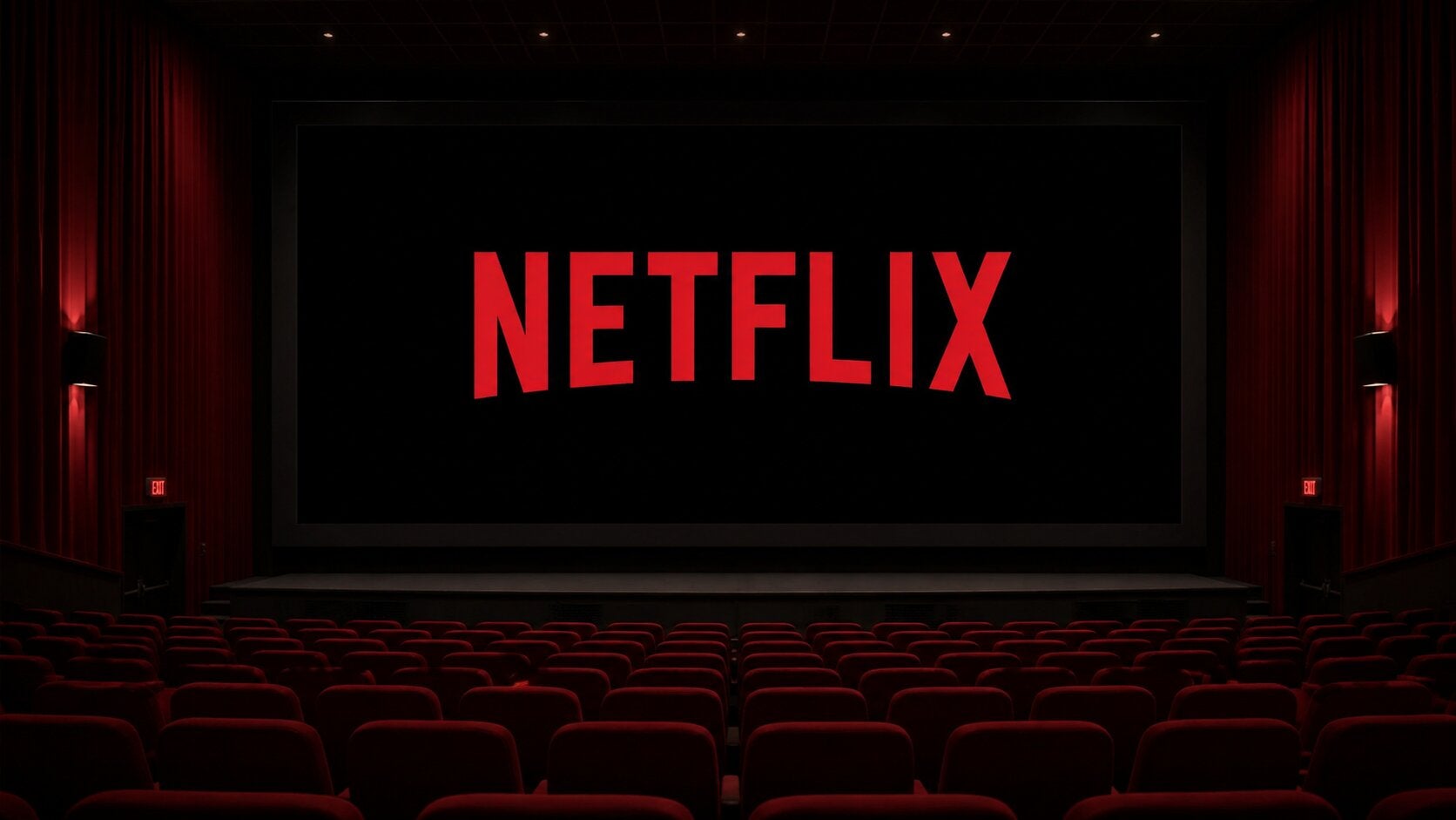 The Netflix logo on the screen of a movie theater.
