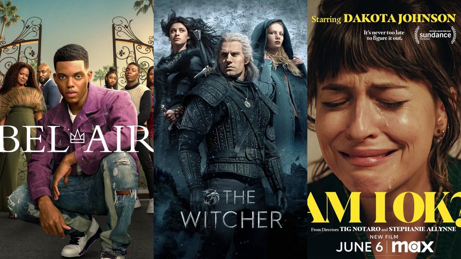 Posters for "Bel-Air," "The Witcher," and "Am I OK?"
