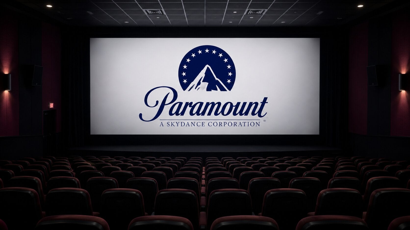 The Paramount Skydance logo on a movie theater screen.