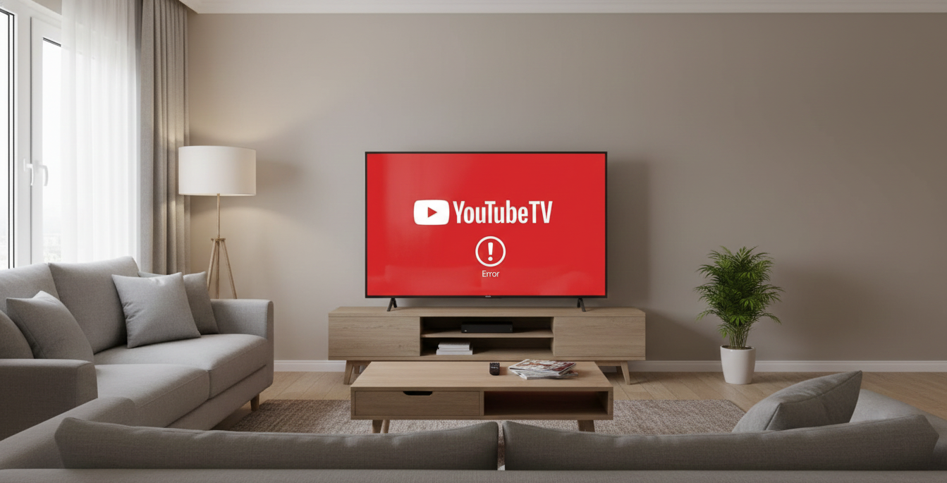 a TV with YouTube TV displaying an error message.