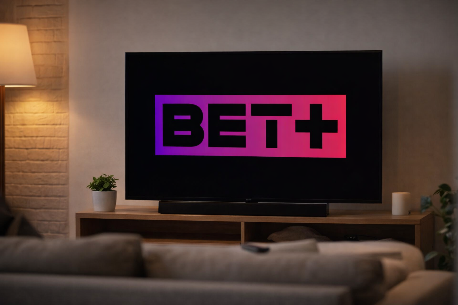 BET+ on a TV in a living room,