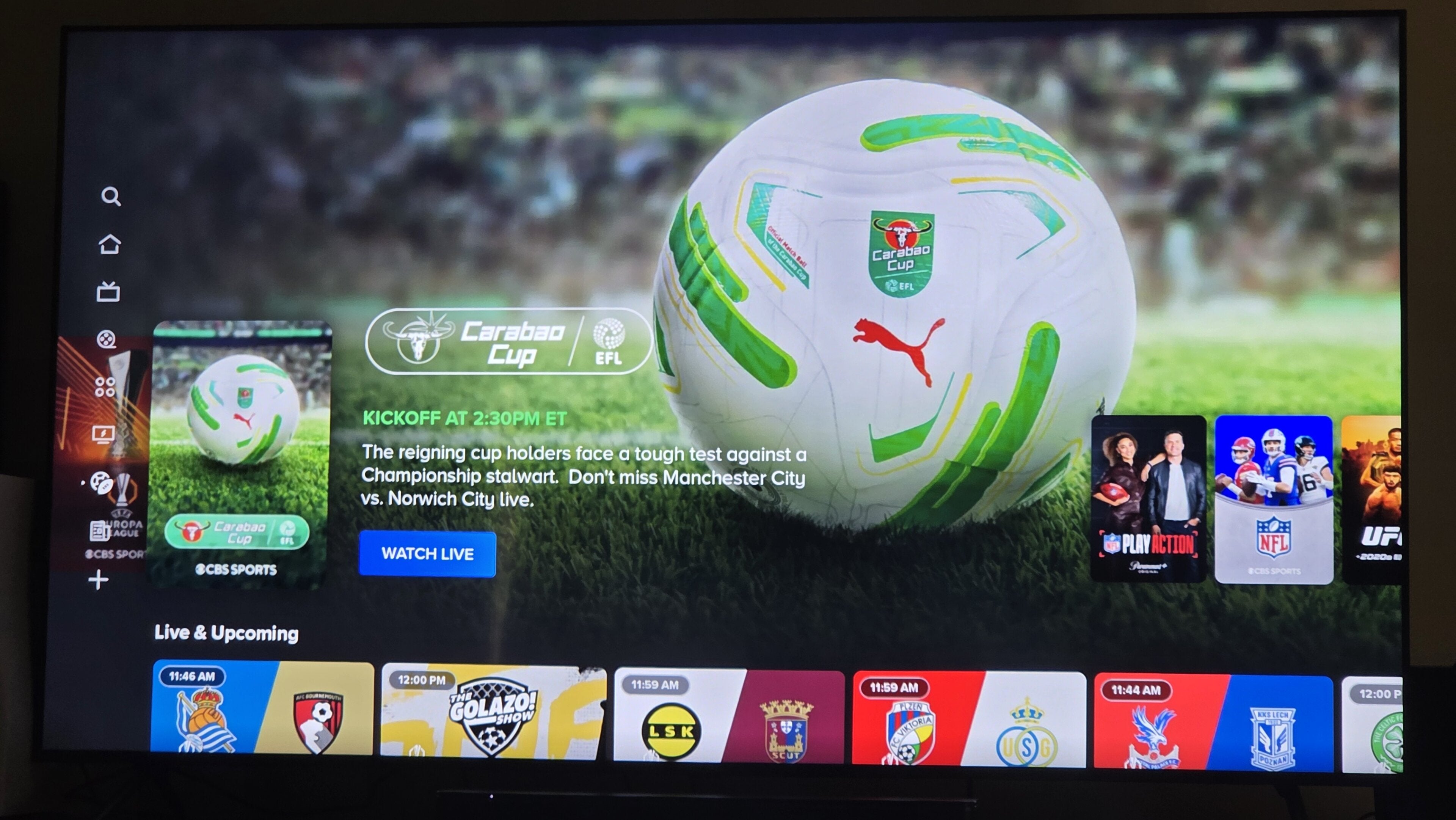 The sports tab on Paramount+, and information on RSN and local sports access on the streamer.