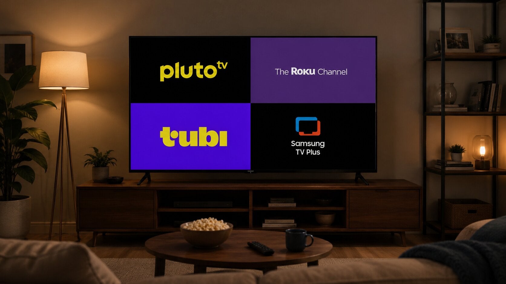Four top FAST streaming logos on a TV screen.