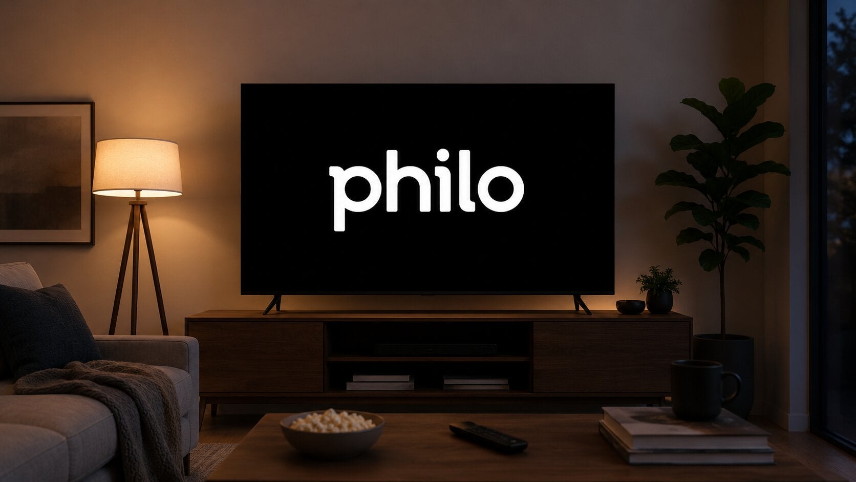 The Philo logo on a TV screen, with details on the streamer's new pause ads.