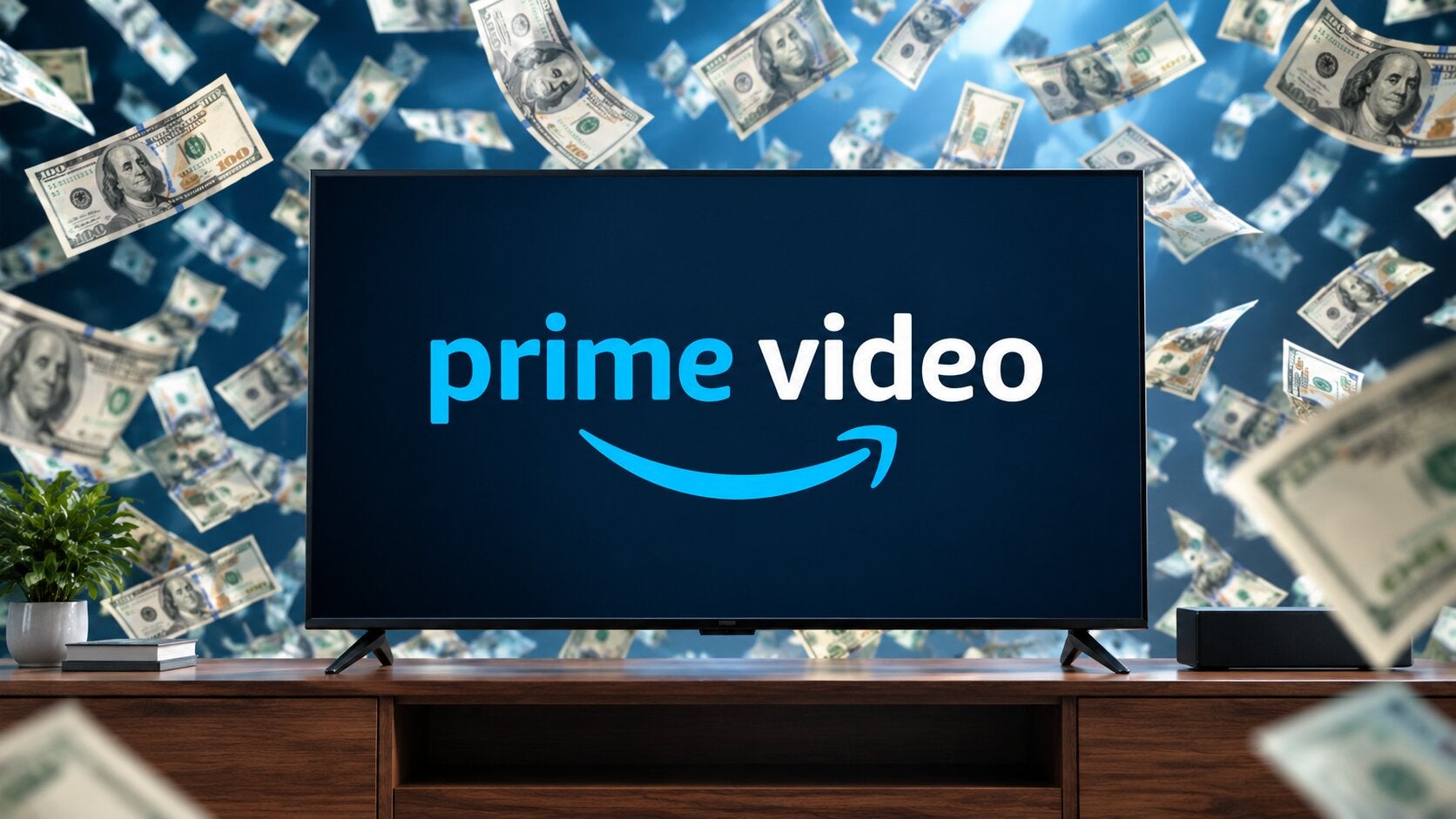 The Prime Video logo on a screen against a backdrop of cash.