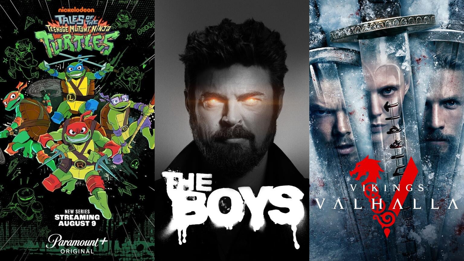 Posters for Paramount+'s "Tales of the Teenage Mutant Ninja Turtles," Prime Video's "The Boys," and Netflix's "Vikings: Valhalla"