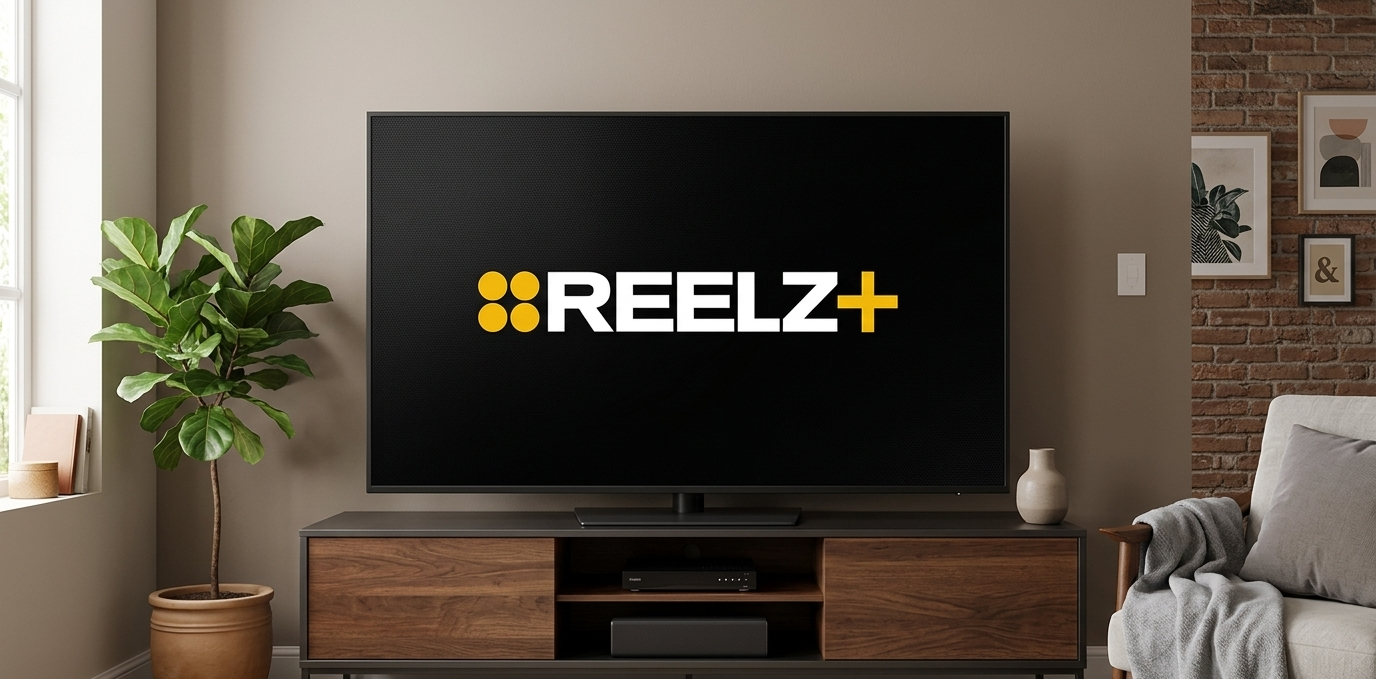 Reelz+ on a TV screen for a deal post about the streamer/
