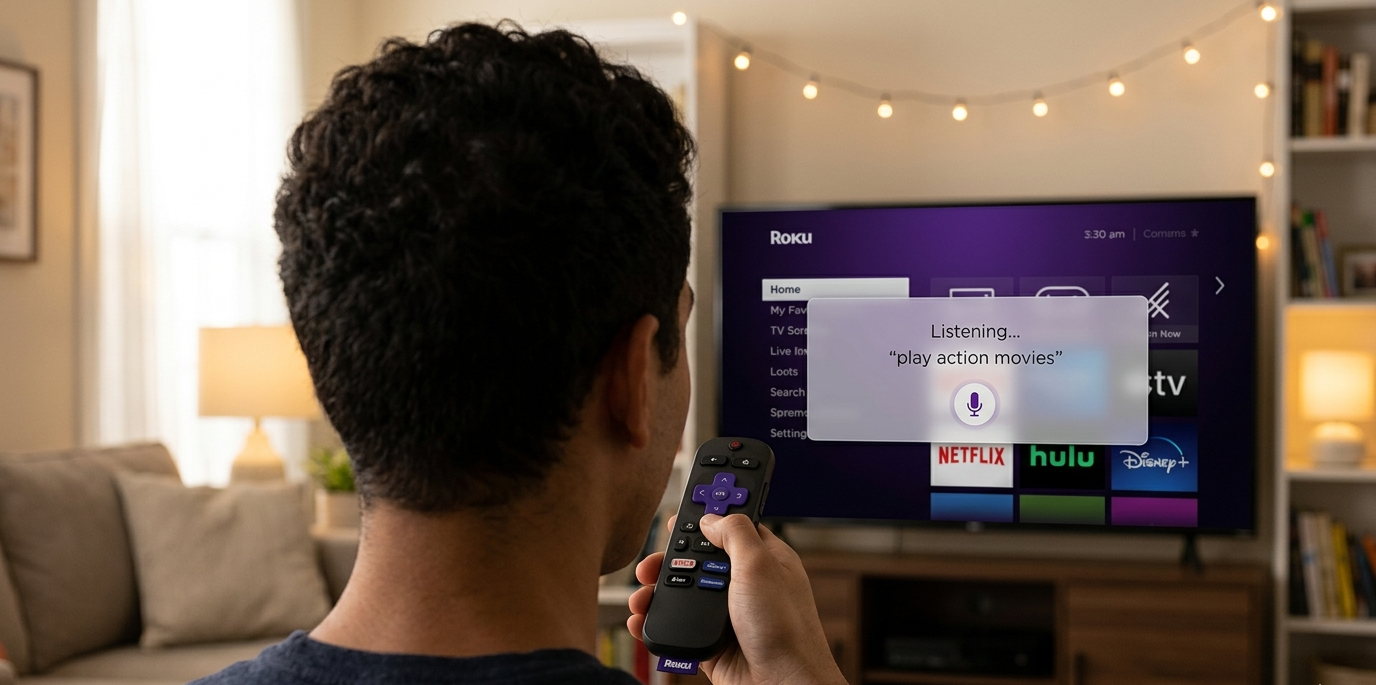 A person using their Roku remote to enter a voice command.