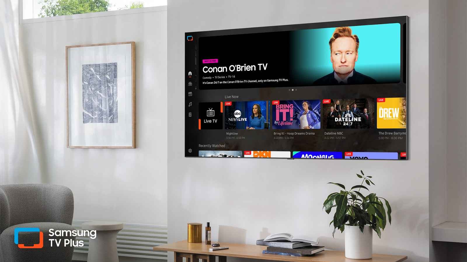 A smart TV with Samsung TV Plus, the free ad-supported streaming service for Samsung devices.