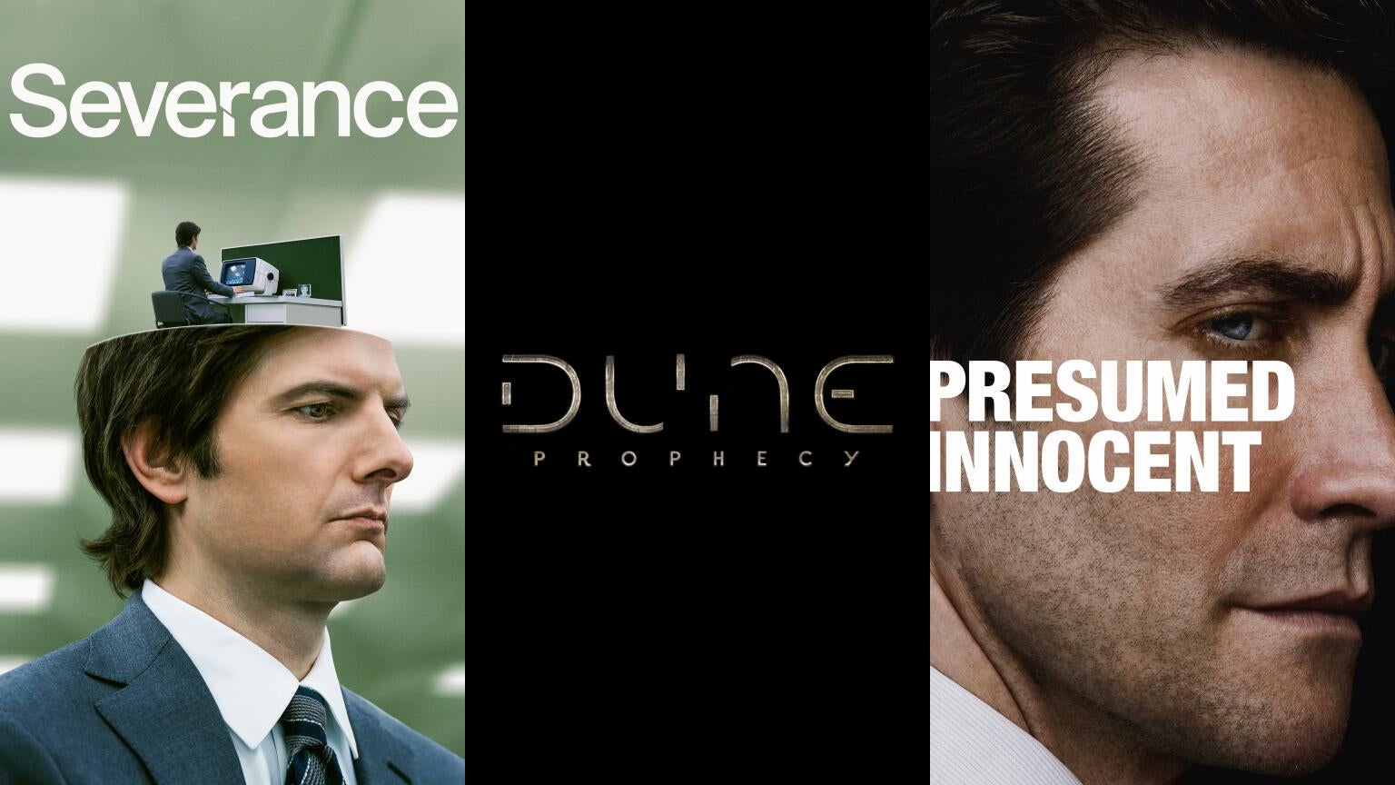 Posters for Apple TV+'s "Severance," HBO's "Dune: Prophecy," and Apple TV+'s "Presumed Innocent"