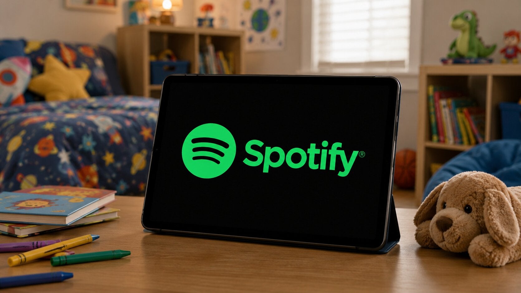 The Spotify logo on a tablet in a kids room, and a story about the expansion of its managed profiles feature.