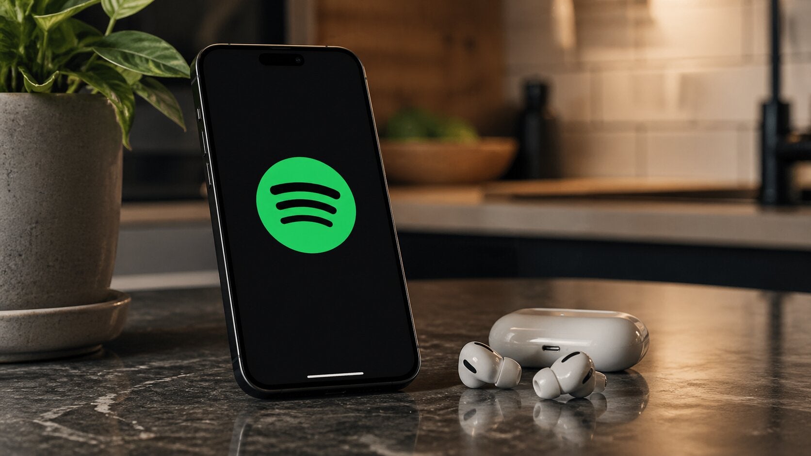 The Spotify logo on a phone in a kitchen.