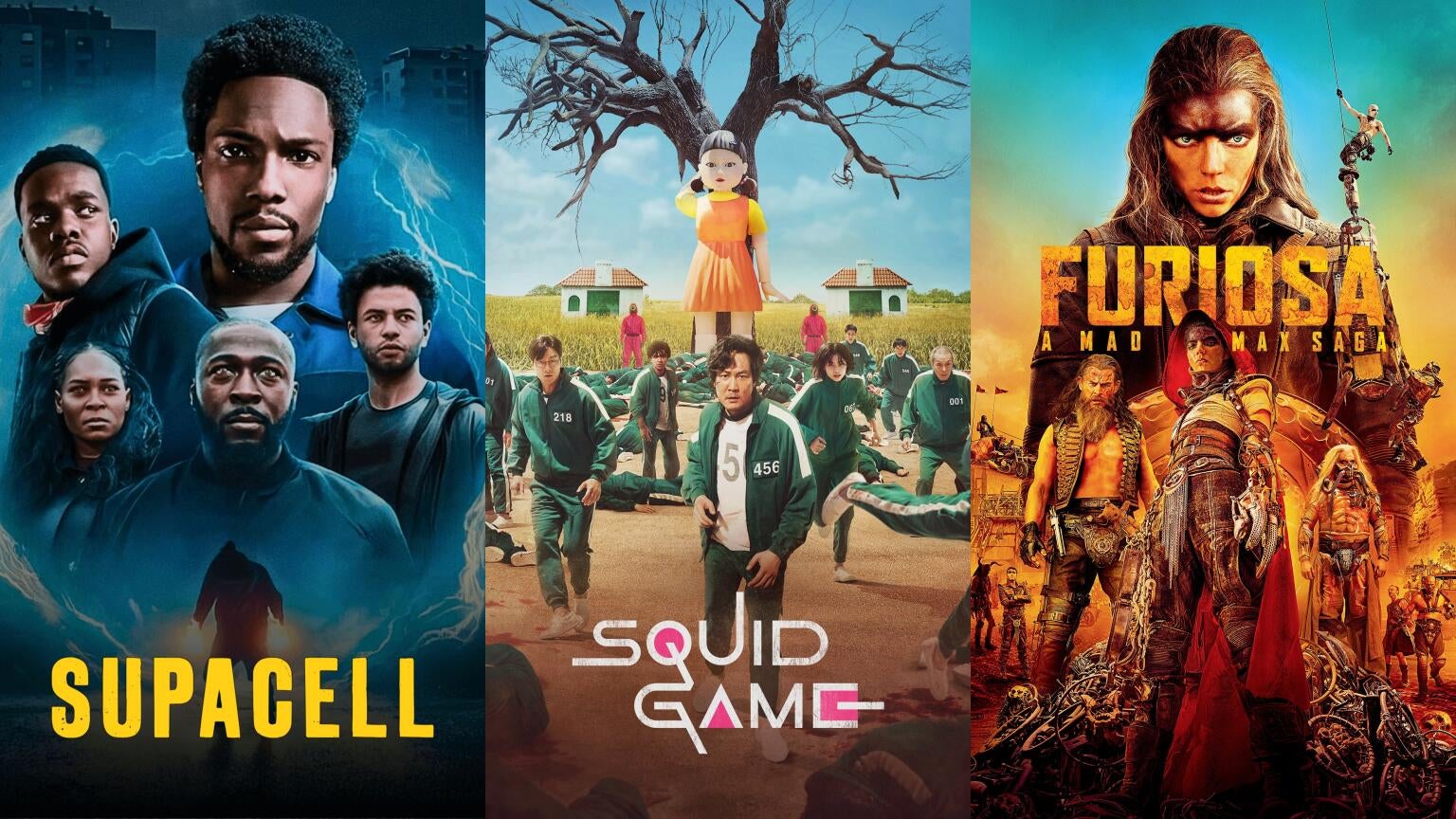 Posters for Netflix's "Supacell" and "Squid Game" and Warner Bros.' "Furiosa: A Mad Max Saga"