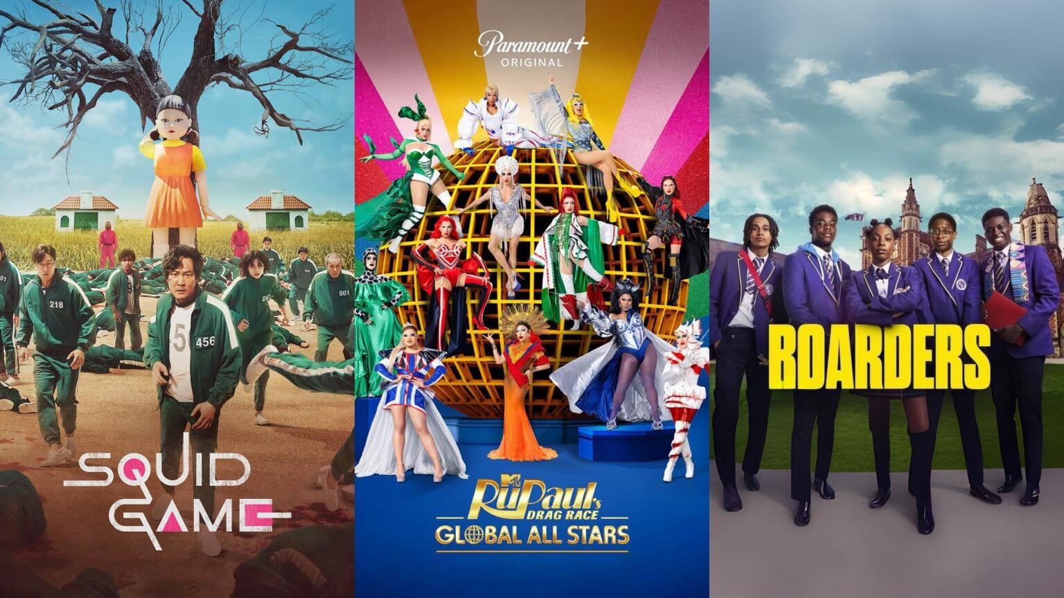 Posters for Netflix's "Squid Game," Paramount+'s "RuPaul's Drag Race Global All Stars," and BBC Three and Tubi's "Boarders"