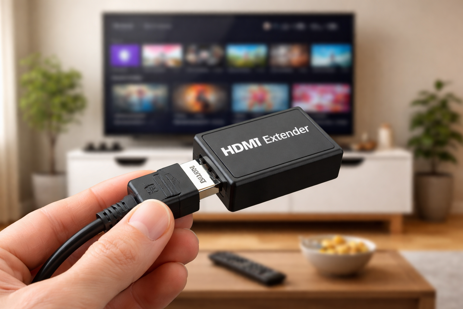 An HDMI cable plugged into an extender.