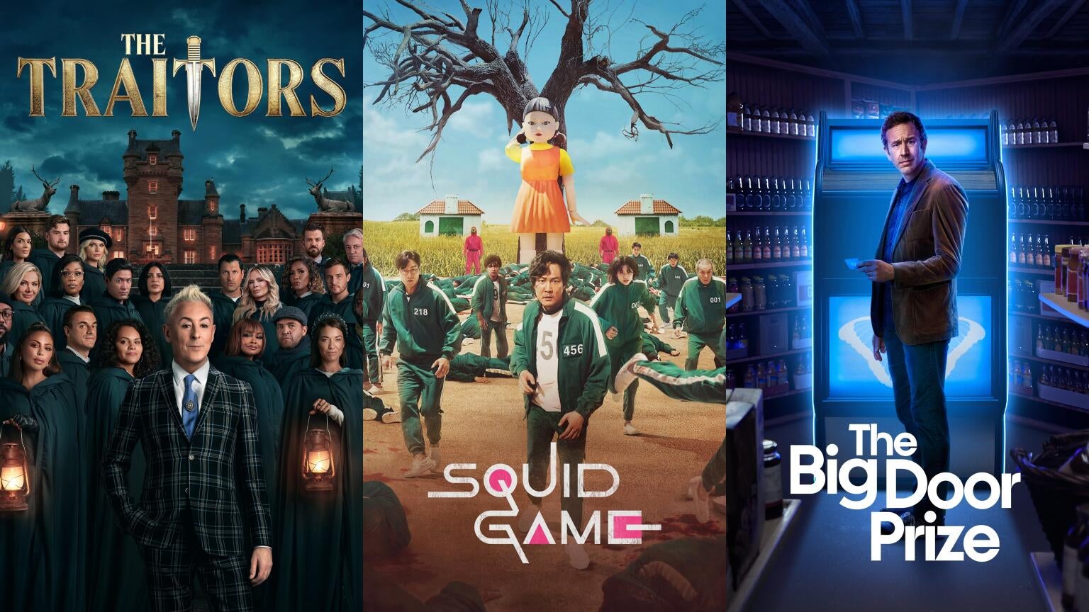 Posters for Peacock's "The Traitors," Netflix's "Squid Game," and Apple TV+'s "The Big Door Prize"