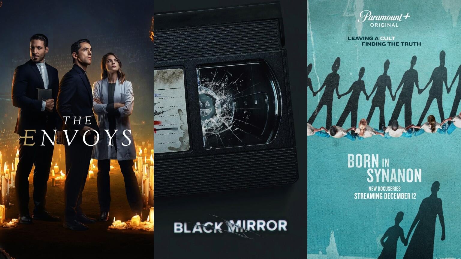 Posters for "The Envoys," "Black Mirror," and "Born in Synanon"