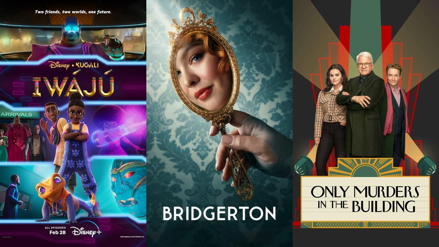 Posters for Disney+'s "Iw&aacute;j&uacute;," Netflix's "Bridgerton," and Hulu's "Only Murders in the Building"