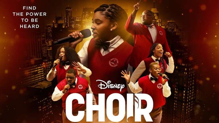 A graphic of six young singers against an orange and yellow cityscape background. The center text displays the show's title, Disney's 