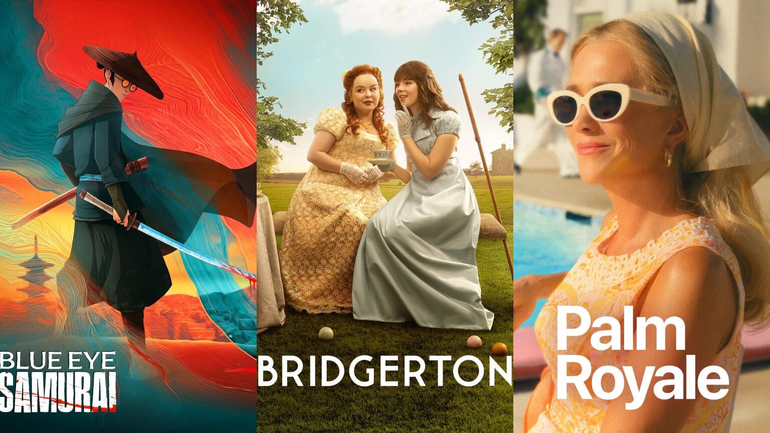 Posters for Netflix's "Blue Eye Samurai," Netflix's "Bridgerton," and Apple TV+'s "Palm Royale"