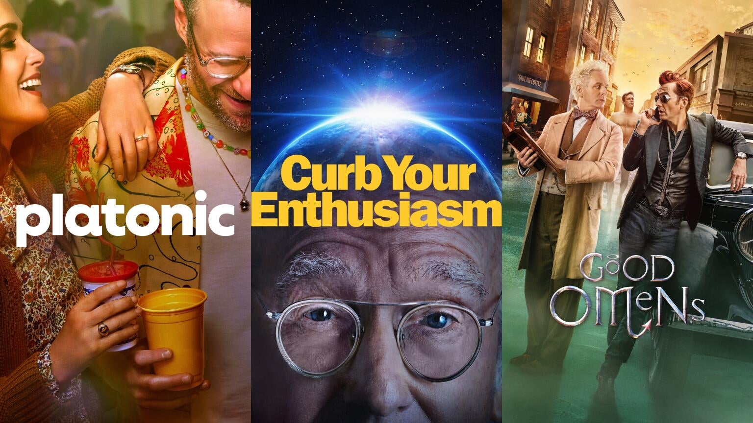 Posters for Apple TV+'s "Platonic," HBO's "Curb Your Enthusiasm," and Prime Video's "Good Omens"