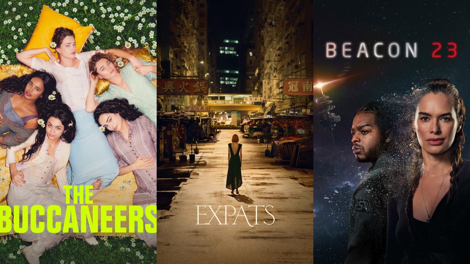Posters for Apple TV+'s "The Buccaneers," Prime Video's "Expats," and MGM+'s "Beacon 23"