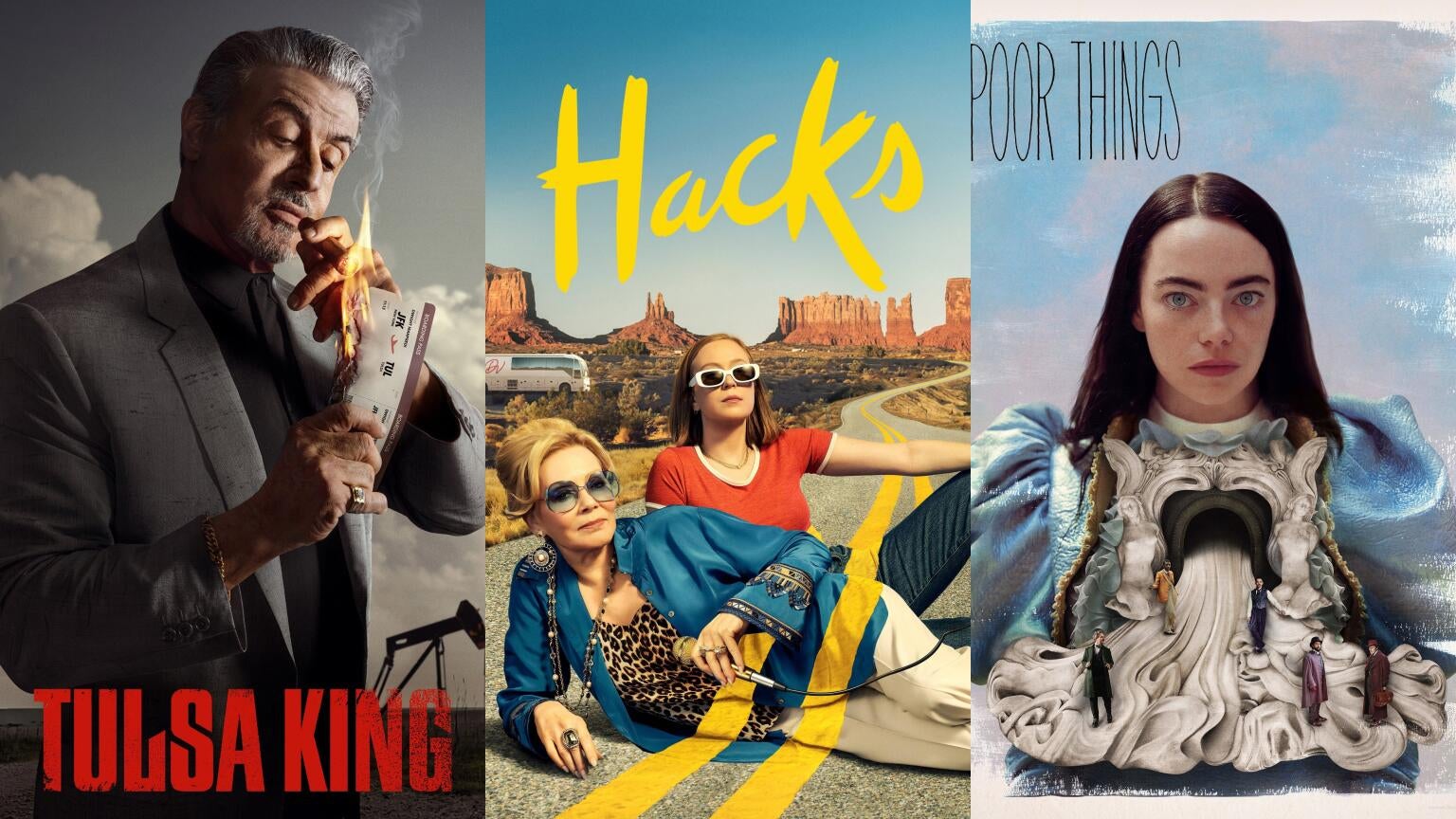 Posters for Paramount+'s "Tulsa King," Max's "Hacks," and Searchlight Pictures' "Poor Things"