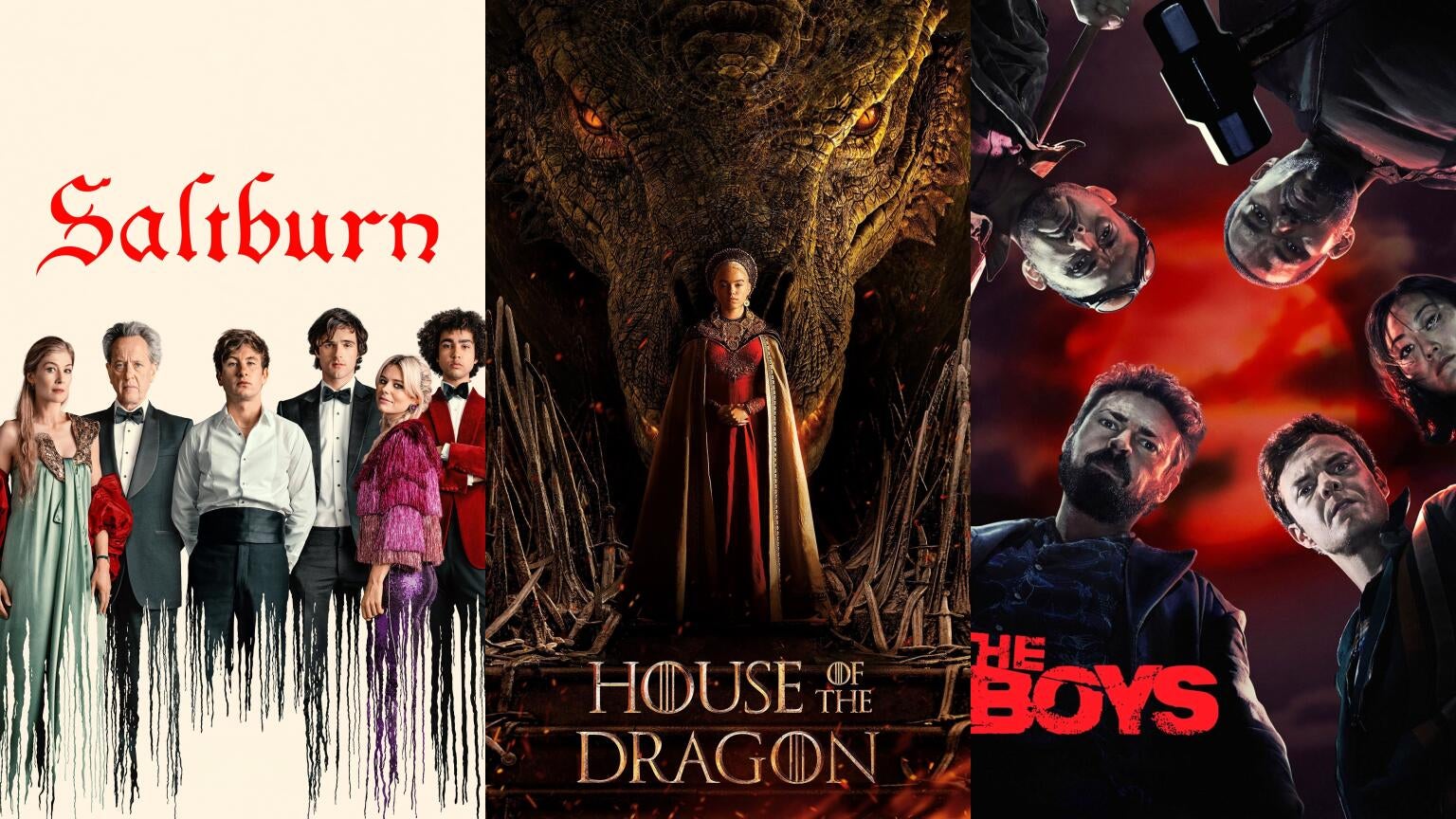Posters for "Saltburn," HBO's "House of the Dragon," and Prime Video's "The Boys"