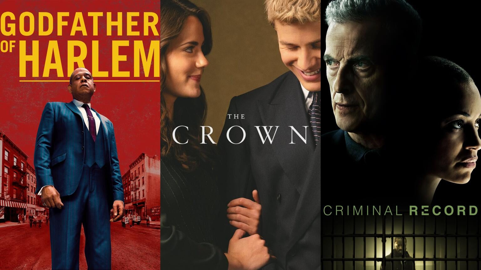 Posters for MGM+'s "Godfather of Harlem," Netflix's "The Crown," and Apple TV+'s "Criminal Record"