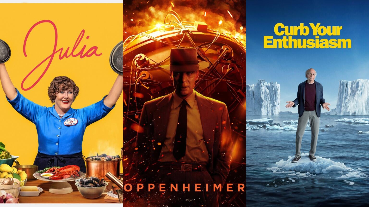 Posters for "Julia," "Oppenheimer," and "Curb Your Enthusiam"