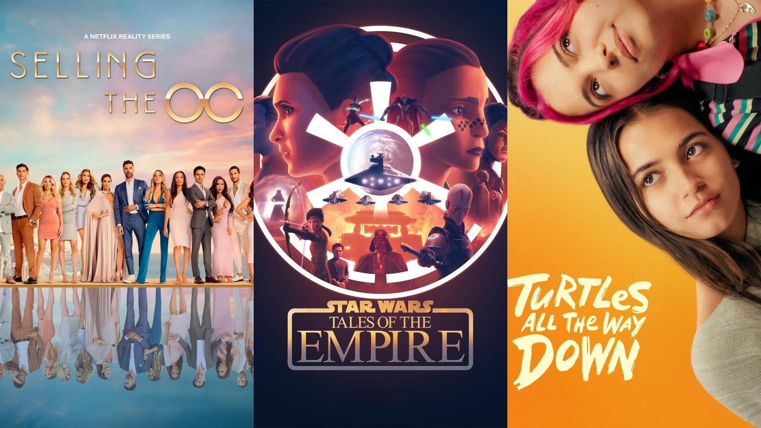 Posters for "Selling the OC," "Star Wars: Tales of the Empire," and "Turles All the Way Down"