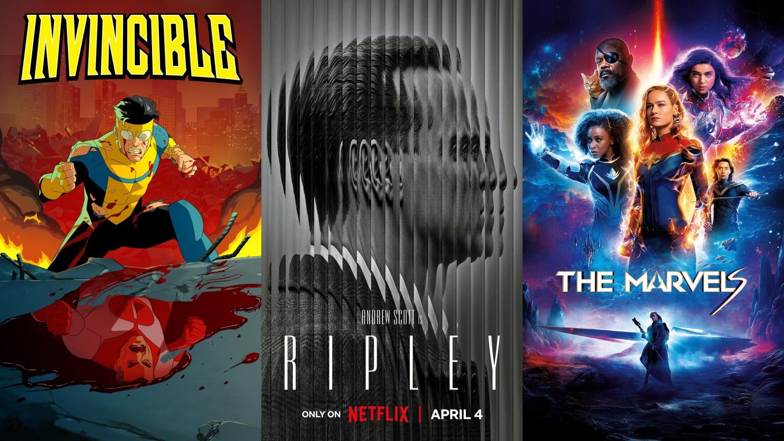 Posters for "Invincible," "Ripley," and "The Marvels"