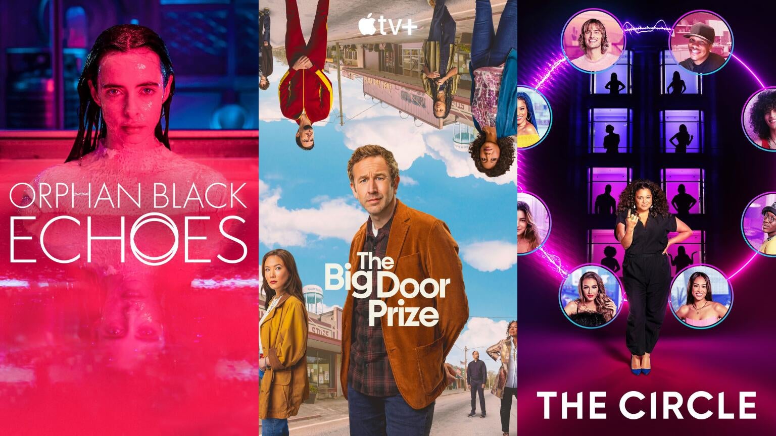 Posters for AMC's "Orphan Black: Echoes," Apple TV+'s "The Big Door Prize," and Netflix's "The Circle"