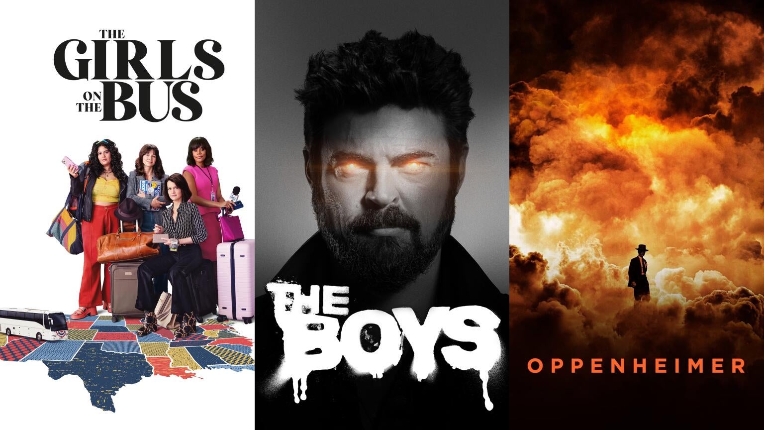 Posters for "The Girls on the Bus," "The Boys," and "Oppenheimer"