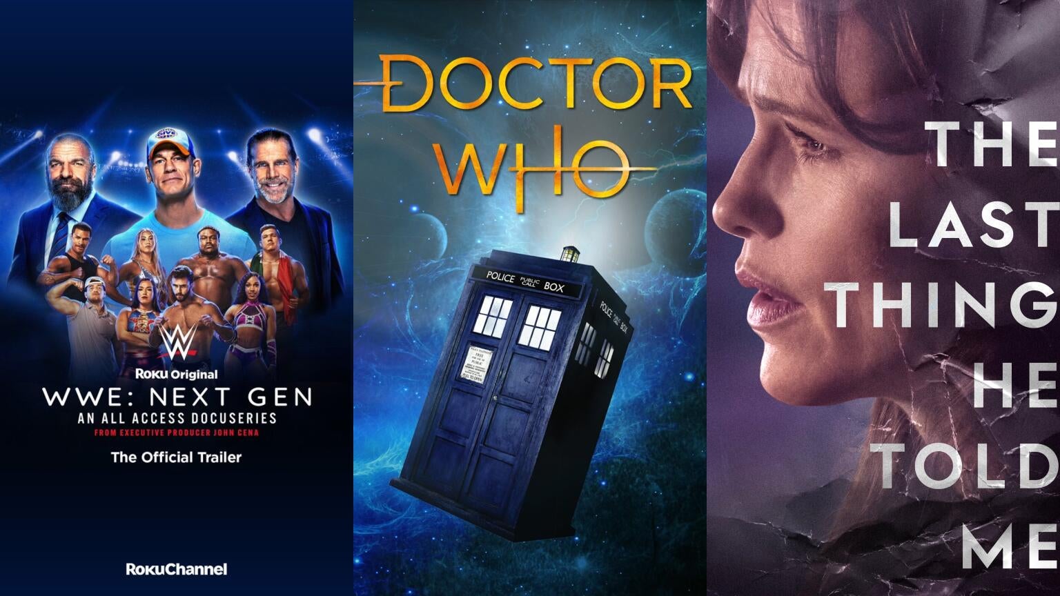 Television posters for "WWE: Next Gen," "Doctor Who," and "The Last Thing He Told Me"