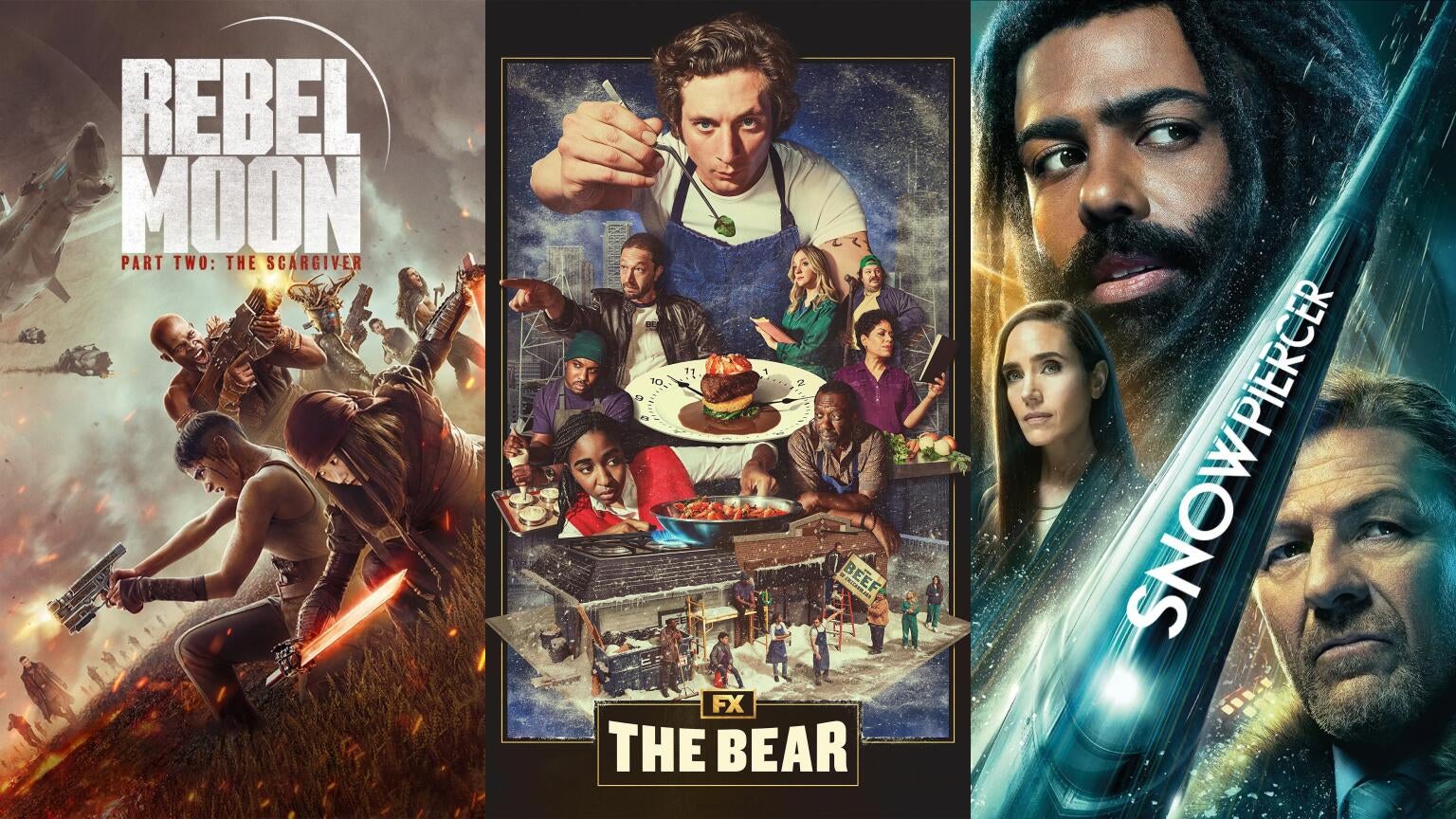 Posters for Netflix's "Rebel Moon &mdash; Part Two: The Scargiver," FX and Hulu's "The Bear," and AMC's "Snowpiercer"