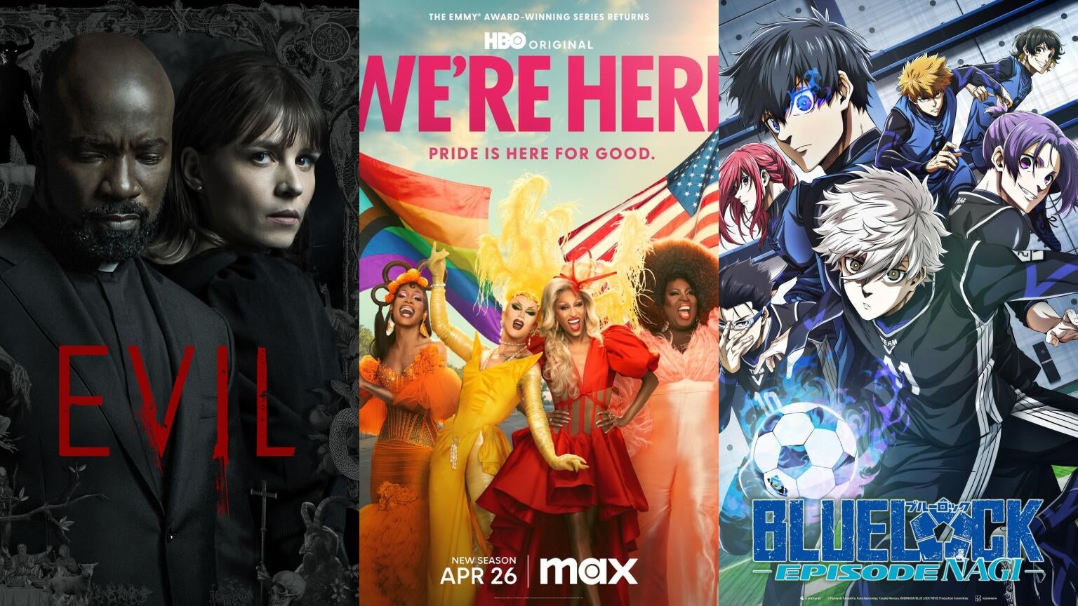 Posters for "Evil," "We're Here," and "Blue Lock The Movie - Episode Nagi"