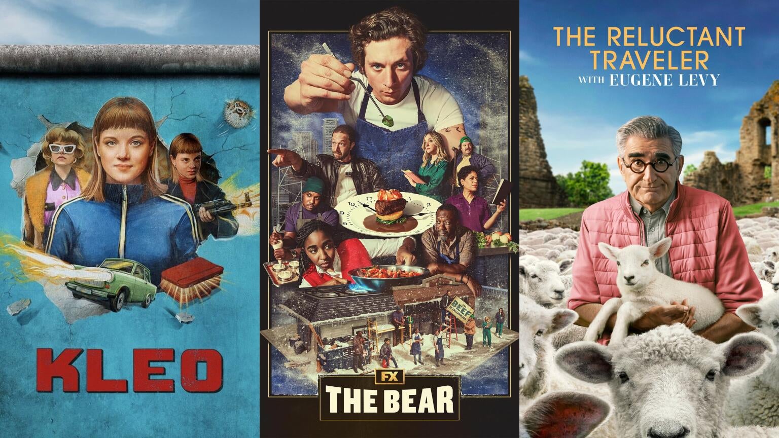 Posters for Netflix's "Kleo," FX's "The Bear," and Apple TV+'s "The Reluctant Traveler with Eugene Levy"